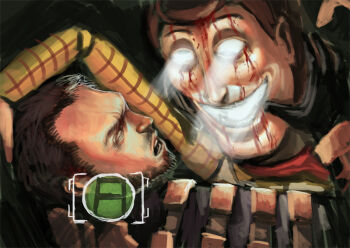 2boys alternate_hairstyle beard blood cowboy cowboy_western crazy creepy crossover dead_space_(series) dead_space_2 epic facial_hair gameplay_mechanics gloves glowing glowing_eyes hand_up horror_(theme) isaac_clarke male_focus multiple_boys open_mouth rape_face sheriff_woody smile tianzhong_zhongtian toy_story western