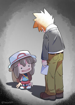 ._. 1boy blue_oak blush blush_stickers brown_hair closed_mouth disappointed ditto female_protagonist_(pokemon_pokopia) full_body gen_1_pokemon hat highres leaf_(pokemon) nintendo outline pokemon pokemon_frlg pokemon_hgss pokemon_pokopia rascal_(feuille) shoes short_hair short_sleeves simple_background smile spiked_hair surprised transformed_ditto waving white_hat white_outline zipper