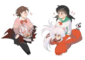 Rule 34 | 2boys, 2girls, ?, ??, absurdres, animal ears, ayase momo, bead necklace, beads, black hair, black pants, blush, bow, bowtie, brown hair, crossover, dandadan, earrings, facial mark, fox ears, glasses, hachi (chisano hako), highres, higurashi kagome, inuyasha, inuyasha (character), japanese clothes, jewelry, long hair, mask, mouth mask, multiple boys, multiple girls, neckerchief, necklace, open mouth, pants, pink sweater, red bow, red bowtie, red neckerchief, school uniform, serafuku, short hair, sweater, takakura ken (dandadan), takakura ken (transformed) (dandadan), white background, white hair, white serafuku