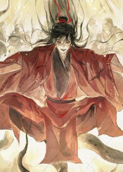 1boy 6+others black_hair black_hanfu black_pants blood bloody_tears burning chinese_clothes chinese_commentary commission creature dao_gui_yi_xian faux_traditional_media fire floating floating_clothes floating_hair hair_bun hair_ribbon hanfu hekaidi946 highres ink_wash_painting li_huowang li_sui_(tentacles) long_hair long_sleeves looking_at_viewer male_focus multiple_others official_art open_mouth outstretched_arms pants red_eyes red_ribbon red_robe ribbon robe single_hair_bun sitting smile solo_focus spread_arms tentacles watermark wide_sleeves