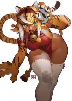 1girl animal_ears animal_hands bell bottomless braid braided_bangs breasts commentary dark-skinned_female dark_skin garu_(poch4n) headband highres large_breasts multicolored_fur multiple_braids neck_bell orange_fur original poch4n red_headband rope striped_fur striped_hair striped_tail symbol-only_commentary tail thighhighs tiger_ears tiger_girl tiger_paws tiger_stripes tiger_tail
