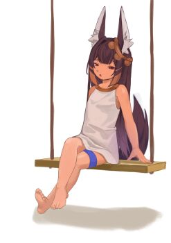 1girl absurdres ancient_egyptian ancient_egyptian_clothes animal_ear_fluff animal_ears anubis_(surio) bare_arms bare_legs bare_shoulders barefoot borrowed_character brown_hair dark-skinned_female dark_skin dress feet flat_chest full_body highres long_hair nemcro on_swing original red_eyes shadow simple_background sitting sleeveless sleeveless_dress soles solo swing tail white_background white_dress