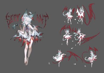 1girl absurdres ahoge animal_ear_fluff animal_ears bandages bandages_over_eyes bare_legs barefoot blue_hair covered_navel dress hair_intakes highres long_hair loongm multiple_views nail_polish original pointy_ears simple_background skirt_hold tail toenail_polish toenails white_dress wings