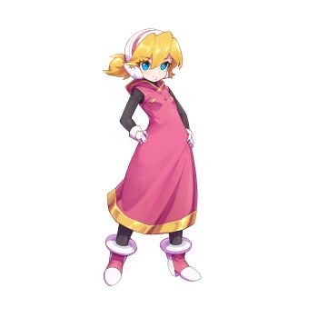 1girl absurdres aged_down blonde_hair blue_eyes bodystocking breasts ciel_(mega_man) commission commissioner_upload dress eyelashes gloves hands_on_own_hips helmet high_heels highres hood hood_down hooded_dress kiauwrenn light_smile long_bangs mechanical_ears medium_hair mega_man_(series) mega_man_zero_(series) non-web_source petite short_twintails sleeveless sleeveless_dress small_breasts solo transparent_background twintails