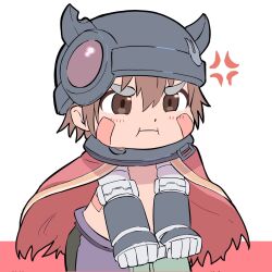 Rule 34 | 1boy, anger vein, aq gohan, black outline, brown eyes, brown hair, cape, chibi, closed mouth, dark-skinned male, dark skin, facial mark, fake horns, flat color, green shorts, grey hat, hat, helmet, highres, horned helmet, horns, made in abyss, male focus, mechanical arms, multicolored clothes, multicolored shorts, outline, pout, purple shorts, red cape, regu (made in abyss), robot, short hair, shorts, simple background, solo, topless male, upper body