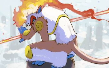 back blue_eyes bo_staff body_fur brown_fur colored_sclera fiery_hair fire fire_staff flaming_weapon forest from_behind gen_4_pokemon hand_up holding holding_staff infernape knee_pads looking_at_viewer looking_back monkey nature nintendo pokemon pokemon_(creature) pokemon_focus pyrokinesis sakuraiisui shoulder_pads snow squatting staff tail two-tone_fur weapon white_fur yellow_sclera