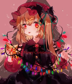 1girl alternate_color black_bow black_skirt black_vest blonde_hair bow christmas_tree closed_mouth commentary_request cowboy_shot flandre_scarlet hat hat_bow long_hair long_sleeves looking_at_viewer merry_christmas mob_cap multicolored_wings one_eye_closed red_eyes red_hat red_shirt shinjitsu_no_kuchi shirt skirt skirt_set smile solo star_(symbol) string_lights tongue tongue_out touhou vest wings