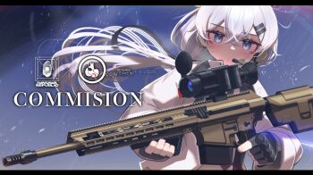 Rule 34 | 1girl, closed mouth, commentary, commission, finger on trigger, fingerless gloves, floating hair, gloves, grey eyes, grey gloves, grey hair, gun, hair between eyes, hair ornament, hairclip, highres, holding, holding gun, holding weapon, iwasawayuki, jacket, letterboxed, long hair, long sleeves, looking at viewer, original, scope, solo, untranslatable commentary, upper body, very long hair, weapon, weapon request, white jacket