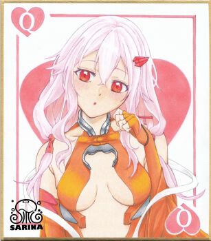 1girl :o artist_name bare_shoulders breasts card center_opening cleavage commentary_request detached_sleeves elbow_gloves fingerless_gloves gloves guilty_crown hair_between_eyes hair_ornament hair_tubes hairclip highres leotard long_hair looking_at_viewer marker_(medium) medium_breasts open_mouth pink_hair playing_card queen_(playing_card) queen_of_spades_(playing_card) red_eyes red_leotard red_sheet sarina_(tosiyukiryousuke) solo traditional_media twintails upper_body watermark yuzuriha_inori