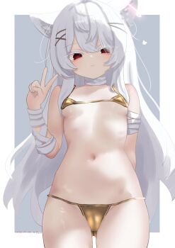 1girl :3 absurdres animal_ear_fluff animal_ears artist_name bandaged_arm bandaged_neck bandages bikini blush border breasts cat_ears character_request collarbone cowboy_shot crossed_bangs dated double-parted_bangs gluteal_fold gold_bikini grey_background hair_between_eyes halo haruno_plum highres long_hair looking_at_viewer micro_bikini navel outside_border pink_halo red_eyes sidelocks simple_background small_breasts solo stomach string_bikini swimsuit thighs underboob v very_long_hair vrchat white_border white_hair