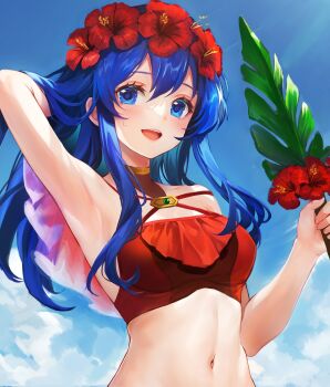 1girl arm_behind_head bikini blue_eyes blue_hair cloud fire_emblem fire_emblem:_the_binding_blade fire_emblem_heroes flower_wreath highres jurge lilina_(fire_emblem) lilina_(summer)_(fire_emblem) long_hair looking_at_viewer nintendo open_mouth outdoors palm_leaf red_bikini smile solo swimsuit
