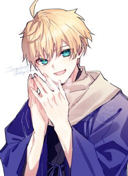 1boy ahoge aqua_eyes arthur_pendragon_(fate) artist_logo artist_name black_kimono blonde_hair blue_haori blue_ribbon commentary_request fate/grand_order fate_(series) fingernails hair_between_eyes hands_up haori highres japanese_clothes kimono logo long_sleeves looking_at_viewer male_focus open_clothes open_mouth ribbon scarf short_hair simple_background smile solo steam teeth tongue tsuyukusa_(eeta7273) upper_body watermark white_background white_scarf wide_sleeves