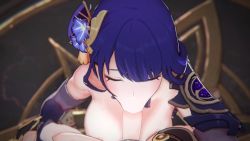 1boy 1girl 2021 3d absurdres animated armor blue_hair blunt_bangs breasts bridal_gauntlets bright_pupils cum cum_in_mouth dark_blue_hair deepthroat eyebrows_hidden_by_hair fellatio flower genshin_impact gloves gokkun hair_flower hair_ornament hetero highres huge_filesize large_breasts long_hair looking_at_viewer mihoyo mole mole_under_eye open_mouth oral pale_skin penis pov pov_crotch purple_eyes purple_flower raiden_shogun shirakamii shoulder_armor sound stukove swallowing teeth tongue tongue_out upper_teeth_only video