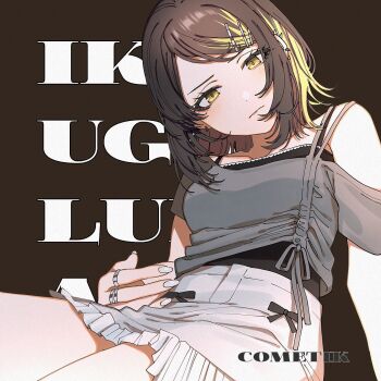 1girl black_background black_camisole black_hair blonde_hair blush camisole character_name ear_piercing earrings fingernails grey_shirt group_name head_tilt highres idolmaster idolmaster_shiny_colors ikaruga_luca iwawa jewelry looking_at_viewer multicolored_hair piercing ribbon-trimmed_skirt ribbon_trim shirt skirt solo streaked_hair text_background thighs two-tone_hair white_skirt yellow_eyes