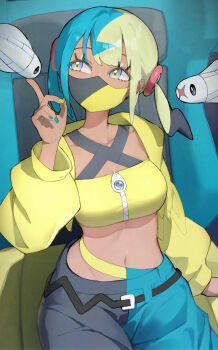 1girl aqua_hair bandeau belt black_belt black_hair black_mask black_pants blonde_hair blue_eyes blue_hair blue_nails blue_pants breasts canari_(pokemon) chair cleavage collarbone commentary criss-cross_straps dark-skinned_female dark_skin fish gaming_chair gen_5_pokemon highres jacket large_breasts long_sleeves mask medium_breasts mouth_mask multicolored_hair multicolored_nails nail_polish navel nintendo open_clothes open_jacket pants pokemon pokemon_(creature) pokemon_legends:_z-a rindoriko short_twintails sitting split-color_hair sports_bra swivel_chair twintails two-tone_hair two-tone_mask two-tone_pants tynamo yellow_bandeau yellow_jacket yellow_mask yellow_nails yellow_sports_bra