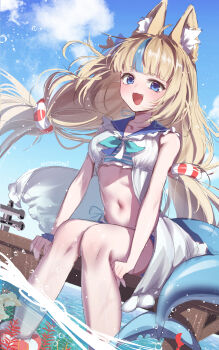 1girl absurdres ahoge animal_ear_fluff animal_ears artist_name bare_shoulders bikini bikini_under_clothes blonde_hair blue_bikini blue_eyes blue_hair blue_sailor_collar blue_sky blunt_bangs breasts cat_ears cloud commentary day english_commentary fang feet_out_of_frame fins fish_tail highres indie_virtual_youtuber komori lifebuoy_hair_ornament long_hair looking_at_viewer low_twintails multicolored_bikini multicolored_hair navel ocean open_mouth outdoors sailor_collar sameko_saba sameko_saba_(1st_costume) single_bare_arm sitting sketch sky small_breasts smile soaking_feet streaked_hair striped_bikini striped_clothes swimsuit tail twintails two-tone_bikini two-tone_hair virtual_youtuber water