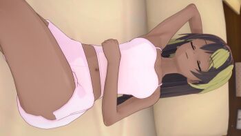 armpits black_hair blonde_hair commentary dark-skinned_female dark_skin english_commentary highres indiskye koikatsu_(medium) midriff_peek multicolored_hair naomi_moore navel on_bed original sleeping