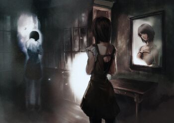 2girls aura black_hair breasts brown_hair closed_mouth dress fatal_frame fatal_frame:_mask_of_the_lunar_eclipse flashlight gauss_&lt;bokashi minazuki_ruka mirror multiple_girls reflection short_hair skirt tsukimori_madoka variant_set