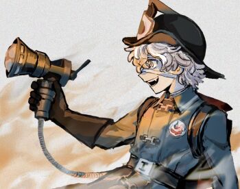 1boy :d aiming backpack bag bandage_on_face bandages black_gloves black_hat blonde_hair blue_coat coat curly_hair fang fire florian_brand from_side gloves hat holding holding_weapon identity_v looking_ahead male_focus oishi_ca open_mouth profile smile upper_body weapon yellow_eyes