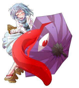 1girl alphes_(style) blush breasts commentary_request dairi full_body geta juliet_sleeves karakasa_obake large_variant_set long_sleeves parody puffy_sleeves purple_umbrella red_eyes shirt skirt skirt_set solo style_parody tachi-e tatara_kogasa toes tongue tongue_out touhou transparent_background umbrella variant_set vest