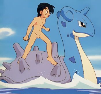 1boy anime_screenshot ash_ketchum black_hair gen_1_pokemon lapras male_focus nintendo nude ocean open_mouth outdoors penis pokemon pokemon_(anime) pokemon_(creature) riding riding_pokemon shota solo surfing third-party_edit waves