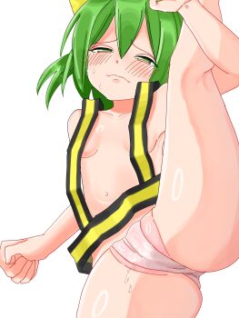 :< blush bow breasts closed_mouth commentary_request cookie_(touhou) cowboy_shot diyusi_(cookie) embarrassed green_eyes green_hair gyaku_(kuriya) high-visibility_clothing high-visibility_vest highres holding_own_leg leg_up small_breasts spread_legs standing standing_on_one_leg sweat unusually_open_eyes white_background yellow_bow