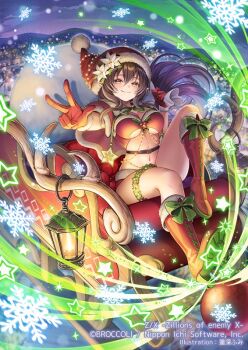 1girl black_hair boots bow breasts capelet cleavage closed_mouth copyright_notice flower footwear_bow fur-trimmed_boots fur-trimmed_capelet fur-trimmed_gloves fur-trimmed_shorts fur_trim gloves green_bow hair_flower hair_ornament hasumi_fumi hat holding holding_sack knee_up large_breasts long_hair looking_at_viewer navel official_art outdoors pecteilis pointy_ears red_boots red_gloves red_shorts sack santa_costume santa_hat short_shorts shorts sitting sleigh smile snowflakes snowing solo sparkle star_(symbol) thigh_strap v yellow_eyes z/x