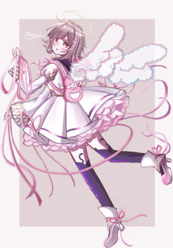 1girl :o absurdres alternate_costume angel_wings animal_bag black_thighhighs blush brown_background brown_hair cat_bag commentary_request danganronpa_(series) danganronpa_2:_goodbye_despair dress flipped_hair hair_ornament halo highres juliet_sleeves long_sleeves looking_at_viewer medium_hair nanami_chiaki pink_bag pink_eyes puffy_sleeves shoes solo thighhighs white_background white_dress wings wnqpq