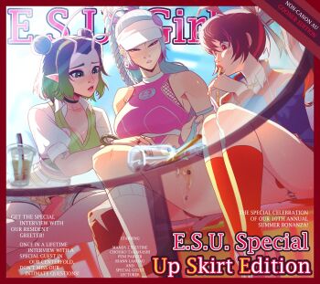 3girls ahoge antennae bangle black_hair blue_hair bracelet breasts bubble_tea cleavage commentary cover cover_page cropped_vest double_bun english_commentary english_text fake_cover fake_magazine_cover from_below glass_table green_eyes green_hairband guardians_of_the_galaxy hair_bun hairband high_ponytail highres jewelry kneehighs legs_together magazine_cover mantis_(marvel) marvel marvel_rivals medium_breasts multicolored_hair multiple_girls multiple_rings narrow_waist official_alternate_costume orcbarbies panties peni_parker ponytail psylocke purple_eyes purple_hair red_eyes red_hair ring school_uniform shorts shorts_under_skirt sitting socks spider-man_(series) spider-verse spilled_drink sportswear streaked_hair striped_clothes striped_panties sweater_vest table tennis_uniform two-tone_hair underwear upskirt v-neck vest visor_cap x-men