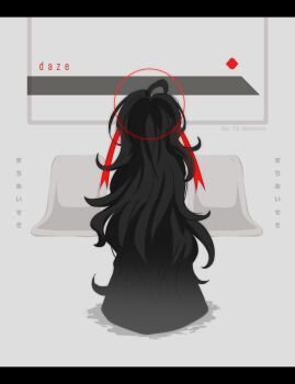1girl aaniko anniversary azami_(kagerou_project) circle commentary_request copyright_name daze_(kagerou_project) dress facing_away from_behind full_body greyscale hair_ribbon highres kagerou_project letterboxed long_dress long_hair monochrome red_ribbon ribbon simple_background solo spot_color standing translated very_long_hair wavy_hair white_background window