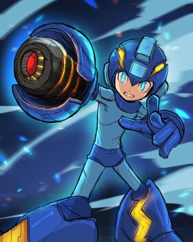 Rule 34 | 1boy, absurdres, arm cannon, blue background, blue eyes, blue helmet, commentary, cowboy shot, english commentary, helmet, highres, male focus, mega man: dual override, mega man (character), mega man (classic), mega man (series), projectdivider, robot boy, solo, weapon