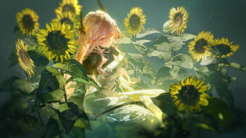 1girl absurdres arknights black_horns commentary demon_horns dress english_commentary flower hair_between_eyes highres horns leaf long_hair material_growth pink_eyes pink_hair sitting solo sunflower theresa_(arknights) turtleneck turtleneck_dress tuzhate very_long_hair white_dress wide_sleeves