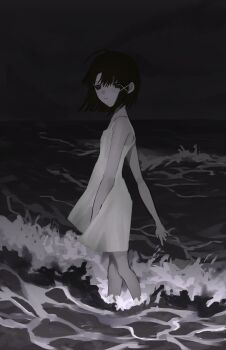 1girl black_eyes black_hair camisole from_side greyscale hair_between_eyes hair_ornament hashtag-only_commentary highres iwakura_lain looking_at_viewer looking_to_the_side monochrome ocean outstretched_arms serial_experiments_lain short_hair solo somnia_2 standing walking waves white_camisole wind x_hair_ornament