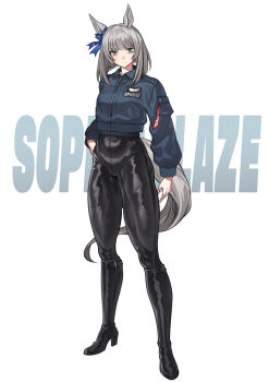 1girl absurdres animal_ears arm_at_side black_boots black_pants blue_bow blue_jacket boots bow character_name closed_mouth collared_jacket commentary_request crotch_seam ear_bow fukuro_(maruaru00) full_body gradient_eyes grey_hair hand_in_pocket high_heel_boots high_heels highres horse_ears horse_girl horse_tail jacket long_sleeves looking_at_viewer medium_hair multicolored_eyes original pants real_life shiny_clothes solo sophia_blaze_(racehorse) tail umamusume wing_collar zipper zipper_pull_tab