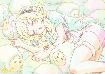 1girl ahoge animal_ears blonde_hair blurry buru-dai closed_eyes commentary ear_wiggle hololive horns jacket lying nose_bubble on_side open_mouth pink_shorts sheep sheep_ears sheep_girl sheep_horns short_shorts shorts signature sleeping thigh_strap tsunomaki_watame virtual_youtuber watamate white_jacket