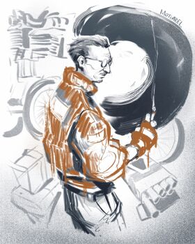 1boy beard_stubble belt black_hair bomber_jacket cigarette cigarette_pack contrapposto cowboy_shot disco_elysium facial_hair facing_to_the_side glasses gloves highres holding holding_cigarette jacket kim_kitsuragi male_focus motgarel orange_gloves orange_jacket partially_colored popped_collar short_hair smoke smoke_trail solo stubble wrinkled_skin