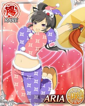 1girl aria_(senran_kagura) black_hair black_ribbon border breasts card_(medium) character_name cymbals english_text game_cg hair_ribbon hat high_side_ponytail instrument jester_cap jester_costume jester_shoes jumping large_breasts long_hair midriff mini_hat multicolored_pants multicolored_shirt navel official_alternate_costume official_art open_mouth pants puffy_short_sleeves puffy_sleeves purple_eyes purple_pants purple_shirt red_pants red_shirt ribbon senran_kagura senran_kagura_new_wave shirt short_sleeves shuriken_print smile solo