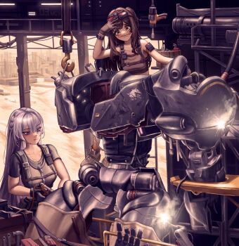 2girls ak-15_(girls'_frontline) black_tank_top blush breasts brown_eyes brown_hair commentary_request exoskeleton garage girls'_frontline girls'_frontline_2:_exilium goggles goggles_on_head grey_hair grey_sports_bra highres long_hair mayling_shen_(girls'_frontline_2) medium_breasts mole mole_under_eye multiple_girls pencil purple_eyes repairing s99g sports_bra tank_top voymastina_(girls'_frontline_2)