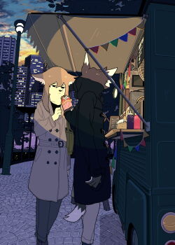 1boy 1girl animal_ear_fluff animal_ears belt belt_buckle black_coat black_eyes black_footwear black_shirt blue_pants blue_sky brown_hair buckle bush buttons city cloud coat cobblestone collarbone denim dog_boy dog_ears dog_girl dog_tail double-breasted feet_out_of_frame food food_truck furry furry_female furry_male giving_food grey_belt grey_coat grey_pants hair_between_eyes high_belt highres holding holding_food hood hood_down hooded_coat jeans ketchup_bottle long_hair menu_board original pants park sad scenery shirt shoes sky snout soy_sauce_bottle straight_hair string_of_flags sunset tail taracod tree trench_coat winter_clothes winter_coat