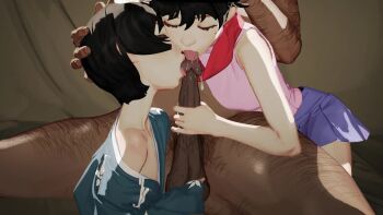 1boy 2girls 3d age_difference animated aqua_kimono araragi_karen araragi_tsukihi bare_shoulders black_eyes black_hair blue_skirt breasts caressing_testicles closed_eyes collarbone cooperative_fellatio cum cumdrip dark-skinned_male dark_skin diathorn feet_out_of_frame fellatio from_side hand_on_another&#039;s_head handjob hetero highres incest indoors interracial japanese_clothes kimono loli long_hair looping_animation matching_hair/eyes monogatari_(series) multiple_girls open_mouth oral penis pink_shirt ponytail profile red_scarf scarf shimaidon_(sex) shirt short_hair siblings single_bare_shoulder sisters size_difference skirt sleeveless sleeveless_shirt small_breasts sound tagme teamwork_(sexual) testicles tongue tongue_out twins uncensored upper_body urethral_insertion video