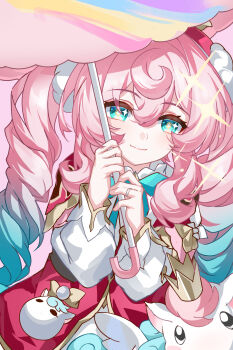 Rule 34 | 1girl, absurdres, aqua bow, aqua bowtie, aqua eyes, bow, bowtie, commentary request, dress, drill hair, evzeva, hat, highres, holding, holding umbrella, honkai: star rail, honkai (series), hyacine (honkai: star rail), little ica (honkai: star rail), long hair, looking at viewer, multicolored hair, pantyhose, pink hair, red dress, red hat, smile, twin drills, two-tone hair, umbrella, white pantyhose