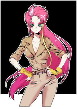 1girl absurdres belt black_background black_belt breasts brown_jumpsuit choujuu_kishin_dancouga cleavage cropped_legs dancouga_(series) djdjsodidrja fingerless_gloves frown gloves green_eyes grey_hair hands_on_own_hips highres jumpsuit long_hair looking_at_viewer medium_breasts multicolored_hair red_hair solo streaked_hair v-shaped_eyebrows very_long_hair yellow_gloves yuki_sara