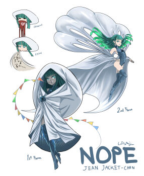 1girl absurdres alien androgynous blood blue_leotard bodysuit bodysuit_under_clothes character_name eating film flag green_eyes green_hair highleg highleg_leotard highres hood hoodie jean_jacket leotard leotard_under_clothes lolita_majin monster_girl nope_(movie) personification robe ufo white_hoodie white_robe