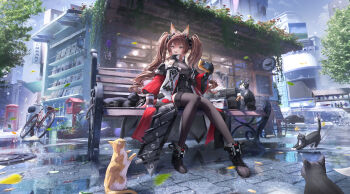 1girl absurdres angelina_(arknights) animal_ears arknights arknights:_endfield bench bicycle black_collar black_gloves black_thighhighs brown_eyes brown_hair building camera cat coat collar commentary_request cup dahai_zhijian disposable_cup falling_leaves flower fox_ears fox_girl gloves highres holding holding_camera leaf library long_hair mailbox_(incoming_mail) menu_board multiple_cats open_clothes open_coat open_mouth outdoors park_bench phone_booth puddle scenery sitting solo storefront thighhighs tree twintails window