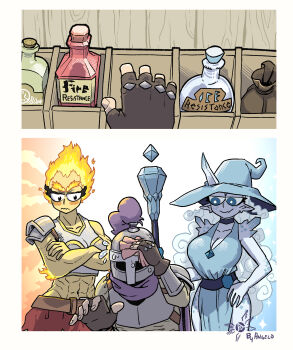 1boy 2girls abs absurdres angelo's_world armor artist_logo artist_name belt breasts elemental_(creature) fiery_eyebrows fiery_hair fire fire_elemental gloves helm helmet highres horns ice large_breasts logo multiple_girls muscular muscular_female original poison potion robe single_horn single_shoulder_pad staff sweatdrop tagme