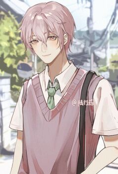 Rule 34 | 1boy, alternate costume, alternate hair length, alternate hairstyle, bag, chinese commentary, closed mouth, code: kite, collared shirt, commentary request, contemporary, day, green necktie, hair between eyes, highres, looking at viewer, luxingyao, male focus, mole, mole under eye, necktie, outdoors, pink eyes, pink hair, pink sweater vest, power lines, school bag, school uniform, shirt, short hair, short sleeves, smile, solo, sweater vest, tree, upper body, white shirt, yuan ji (code: kite)