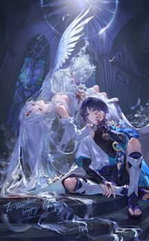 Rule 34 | 1boy, 1girl, angel wings, architecture, arm at side, artist request, belt, black belt, black bodysuit, black bow, black bridal gauntlets, black sandals, black shorts, blood, blood on clothes, blood on face, blood on flower, blood on ground, blood on hands, blue cape, blue gem, blue kimono, blue sleeves, blunt ends, bodysuit, bow, breasts, bridal gauntlets, bright pupils, cape, cathedral, character name, church, cleavage, closed mouth, colored inner hair, column, commentary request, commission, commissioner insert, couple, crystal, dated, detached collar, detached sleeves, dress, eyelashes, eyeliner, falling feathers, feathered wings, feathers, flower, frilled dress, frilled sleeves, frills, gem, genshin impact, gold ring, gothic architecture, hair between eyes, hair intakes, hair spread out, hakama, hakama shorts, hand on another's face, hand on own leg, hand up, happy birthday, hayami momo (hayamimomo), hetero, highres, indoors, japanese clothes, juban, kimono, knee up, layered sleeves, leg warmers, lens flare, long hair, lying, makeup, medium breasts, middle ring, multicolored hair, oc x canon, on back, open clothes, open kimono, original, parted bangs, parted lips, pillar, pleated shorts, pom pom (clothes), purple eyes, purple hair, purple rope, purple sash, red eyeliner, red eyes, rope, royal ease, sandals, sash, scaramouche (genshin impact), second-party source, short sleeves, shorts, shoulder peek, sitting, smile, stained glass, statue, stirrup legwear, tassel, the bible, toeless legwear, toenails, toes, very long hair, virgin mary, wanderer (genshin impact), watermark, white dress, white feathers, white flower, white hair, white kimono, white leg warmers, white mouth, white pupils, white sleeves, white wings, wings, wispy bangs, yellow feathers, zouri