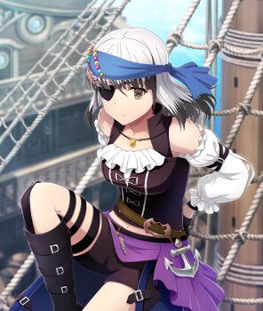 1girl anchor_ornament bandana bare_shoulders beads belt black_belt black_boots black_hair black_shorts black_straps blue_bandana boots breasts brown_eyes brown_feathers colored_tips day detached_sleeves eyepatch feathers frilled_sleeves frills game_cg grey_hair jewelry knee_up large_breasts looking_at_viewer mast medium_hair midriff_peek multicolored_hair multiple_belts navel necklace ocean official_art pirate purple_skirt railing rope satsuki_yomi ship shorts skirt sleeve_slit solo thigh_strap third-party_source toji_no_miko toji_no_miko:_kizamishi_issen_no_tomoshibi watercraft white_sleeves