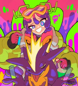 1girl ainetakada beaker commentary_request gen_8_pokemon gesugao gloves goggles goggles_on_head half-closed_eyes hatsune_miku headphones headphones_around_neck holding holding_beaker holding_test_tube long_hair nintendo open_mouth pink_gloves pink_hair poison_miku_(project_voltage) pokemon pokemon_(creature) project_voltage purple_hair smile test_tube tongue tongue_out toxtricity toxtricity_(amped) twintails vocaloid