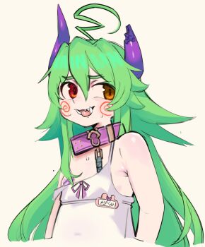 1girl ahoge armpit_crease arrivedcold asymmetrical_horns bandaid bandaids_on_nipples bare_shoulders broken_horn camisole collar commentary commentary_request cosplay double-parted_bangs english_commentary flat_chest green_hair heterochromia highres horns huge_ahoge indie_virtual_youtuber leash long_hair long_single_sidelock looking_to_the_side megbert menace_mamaki menace_mamaki_(cosplay) menace_mamaki_(menako) messy_hair name_tag off_shoulder pasties purple_collar purple_horns purple_ribbon red_eyes ribbon sharp_teeth simple_background solo spaghetti_strap spiral_cheeks strap_slip teeth thick_eyebrows tongue tongue_out tusks upper_body virtual_youtuber white_camisole yellow_eyes